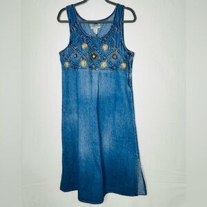 Vintage Amilano Denim Midi Overall Jumper Dress 90s L Floral Embroider Cottage